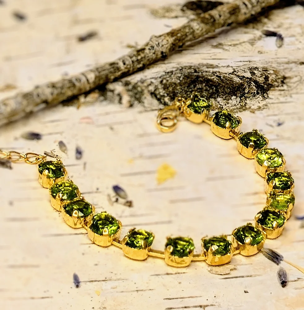 Natural Green Peridot 12.75  Total Carats In Classic Gold Plated Tennis Bracelet